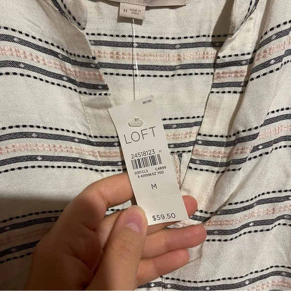 LOFT Blouse NWT Womens Medium White Striped Rayon Balloon Sleeve V Neck - Picture 2 of 11
